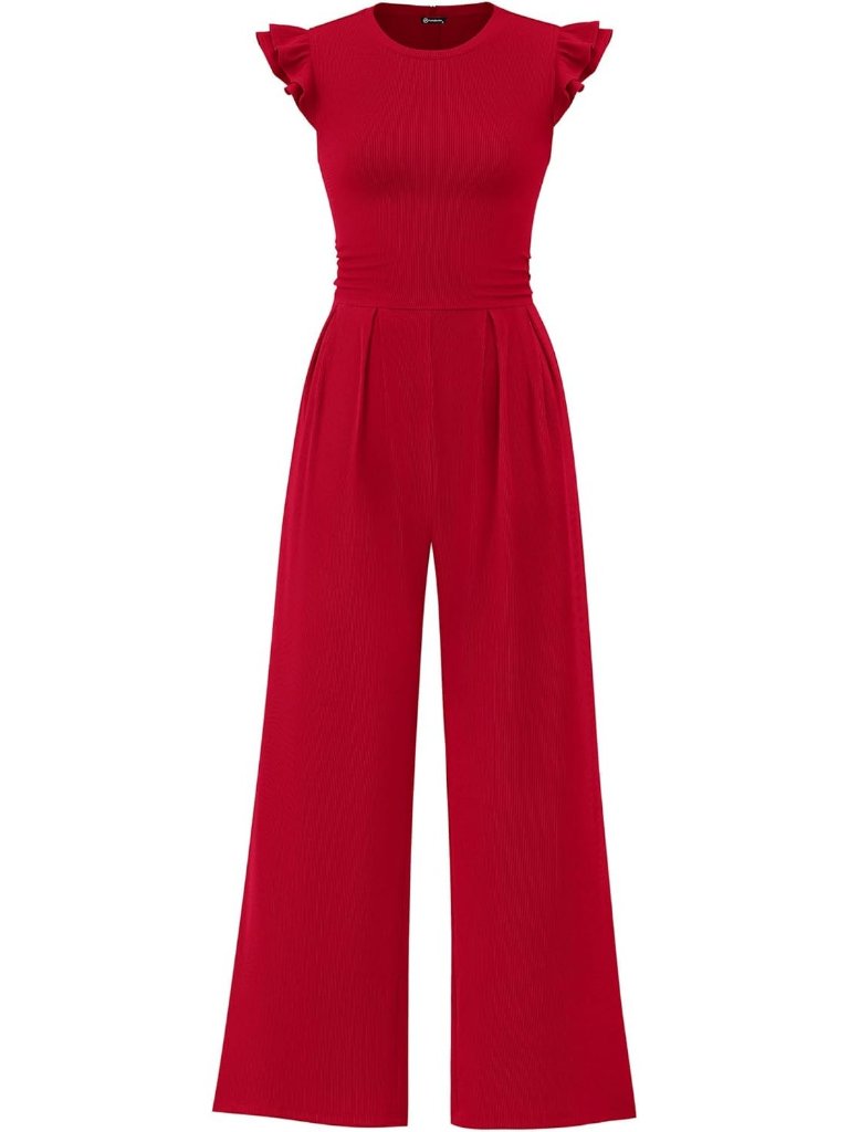 Women's Fiery Red Fashion Ruffle Cap Sleeve Crew Neck Rib Knit One Piece Romper